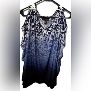Dana Buchanan 0X Blue and White Leopard Print Women's Cold Shoulder blouse